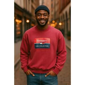 Vintage 90’s Tommy Hilfiger Leather Logo Burgundy Red Sweater Men's Sz L